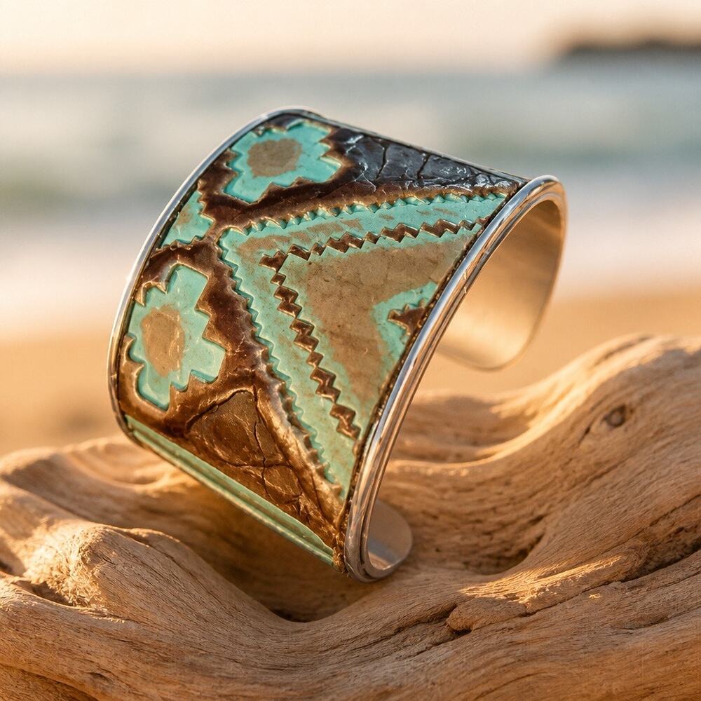 Navajo inspired Calfskin‎ Leather Bracelet Cuff